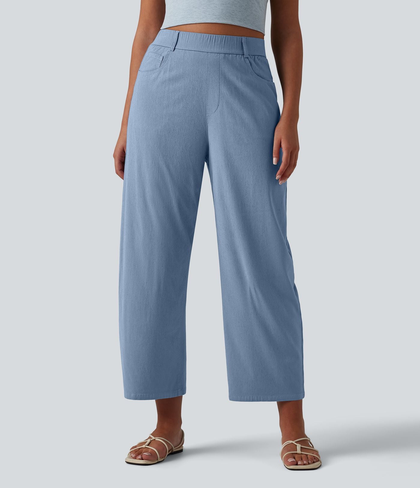 Pantalon casual taille haute en lin stretch coupe barrel avec poches