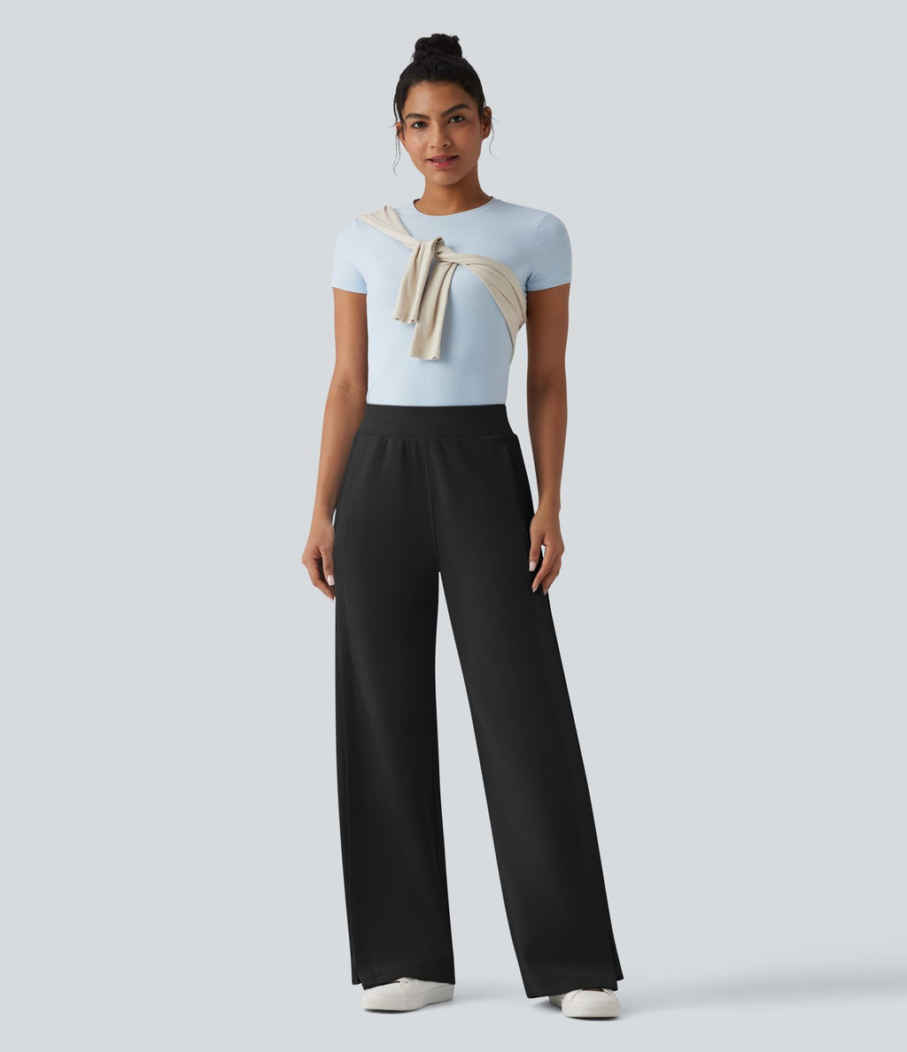 SpacerTek™ Pantalon large fluide décontracté taille haute avec cordon de serrage intérieur, côtes contrastées, fentes et poches