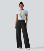 SpacerTek™ Pantalon large fluide décontracté taille haute avec cordon de serrage intérieur, côtes contrastées, fentes et poches