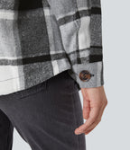 Veste de Casual à Carreaux en Polaire à Capuche avec Cordon de Serrage Boutons et Poches Latérales