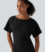 Robe mi-longue de travail col bateau manches courtes mélange lin