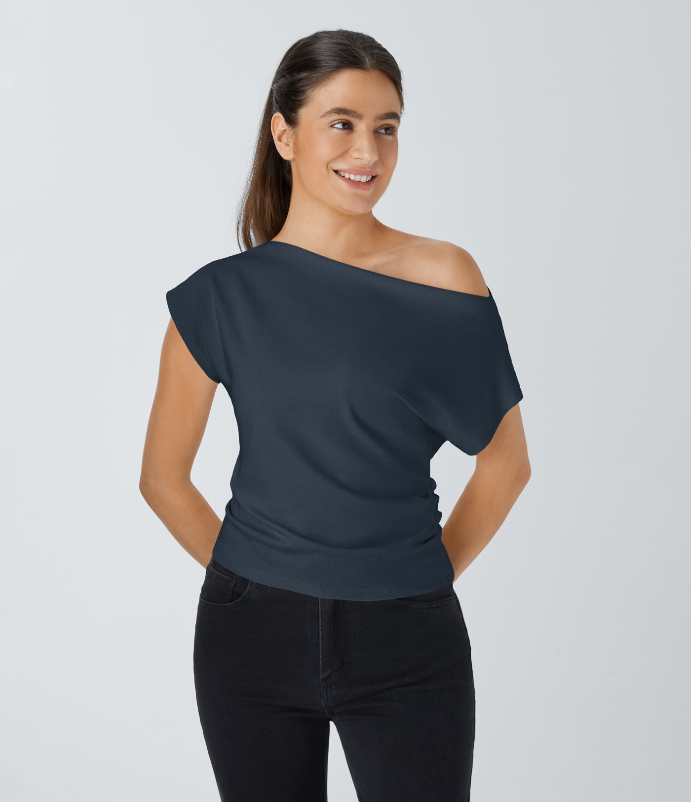 Top Casual Épaules Dénudées Manches Courtes Ruchées
