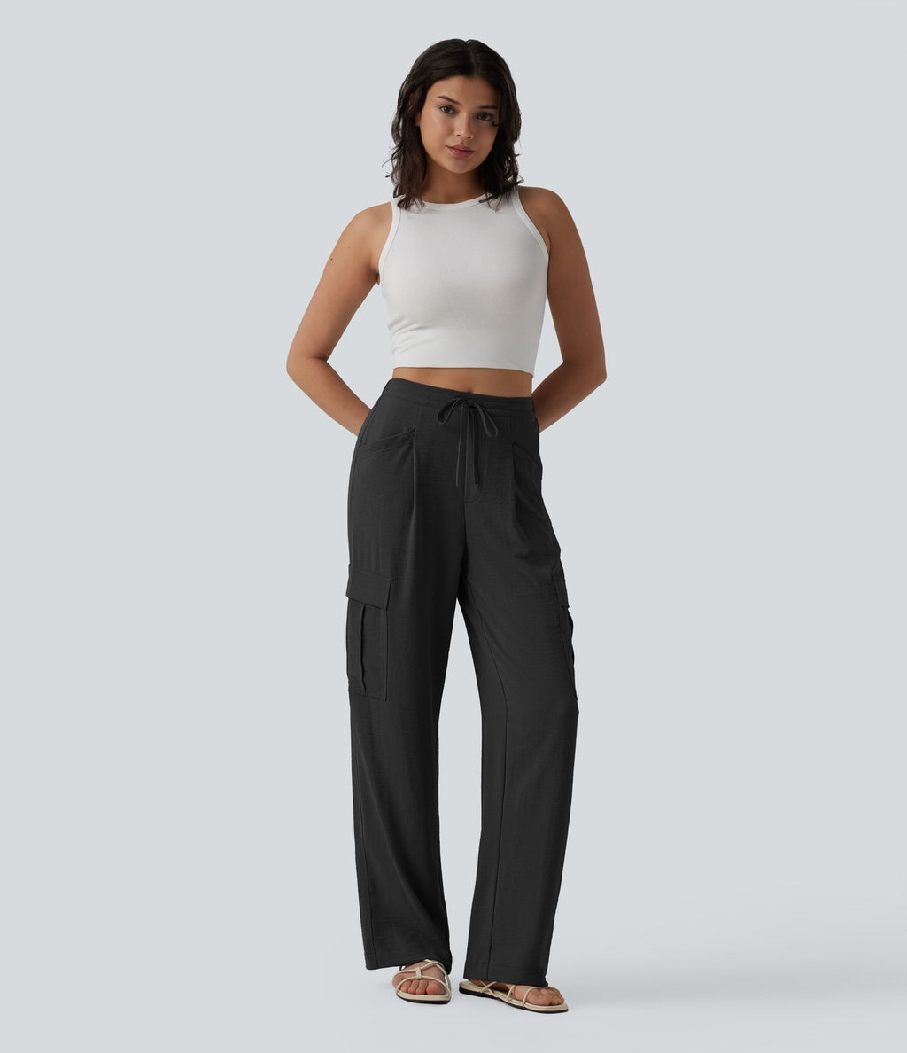 Pantalon cargo casual coupe droite taille mi-haute aspect lin à cordon de serrage avec poches