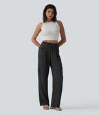 Pantalon cargo casual coupe droite taille mi-haute aspect lin à cordon de serrage avec poches