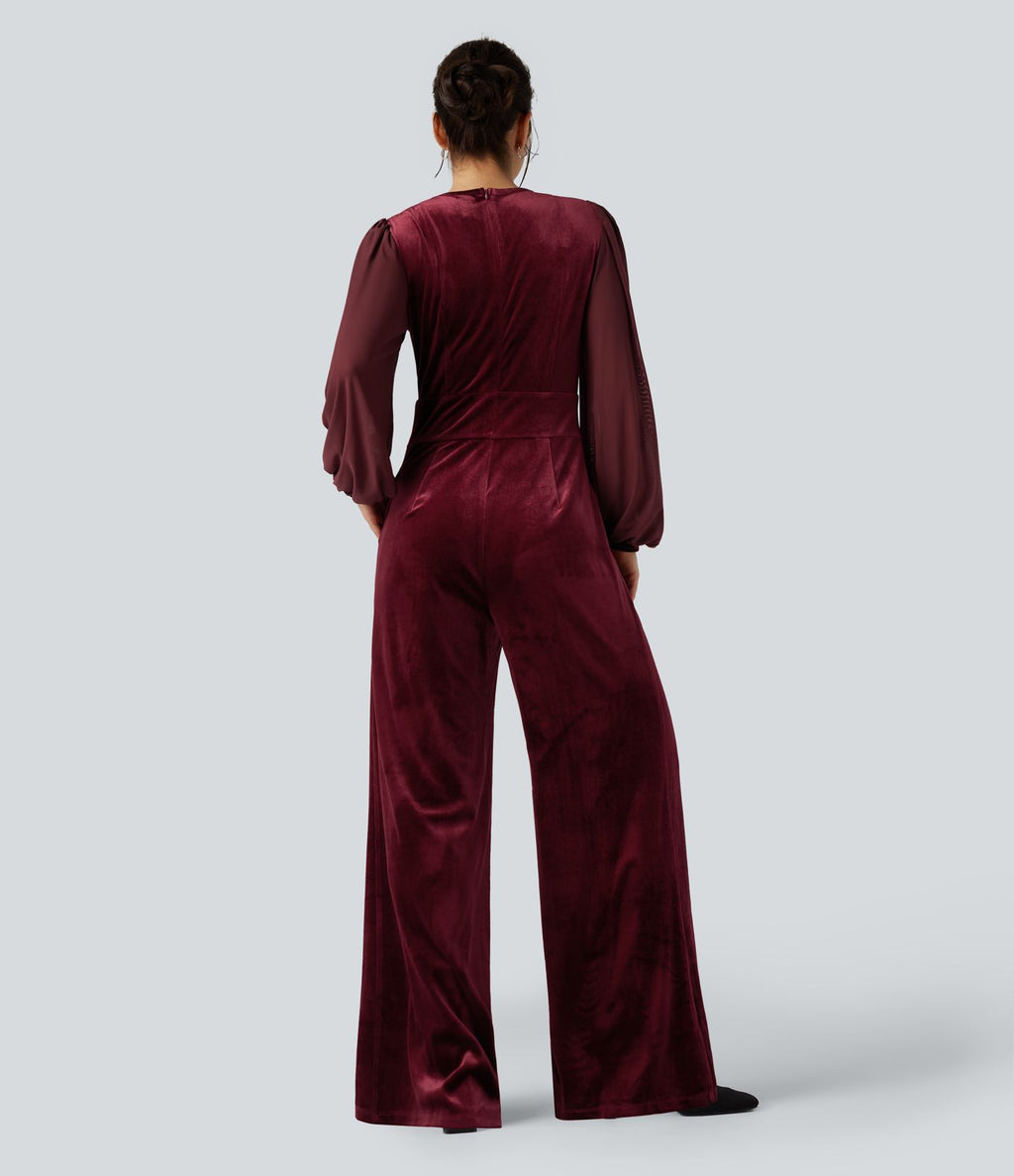 Combinaison velours mesh contrastant col V manches longues bouffantes avec poches