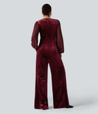 Combinaison velours mesh contrastant col V manches longues bouffantes avec poches