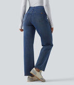 Jean décontracté Halara Flex™ taille haute, extensible, délavé, jambes droites avec poches multiples