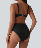 Ensemble bikini jacquard ventre plat bretelles réglables détail torsadé et froncé