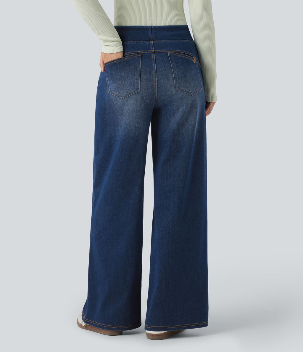 Jean décontracté Halara Flex™ large taille haute effet délavé avec poches