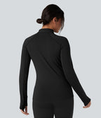 Top de sport randonnée polaire col montant demi-zip manches longues avec trous pouces