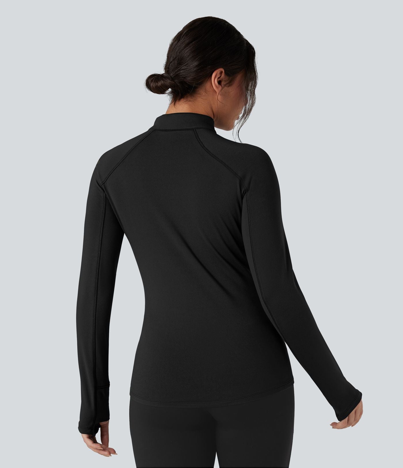 Top de sport randonnée polaire col montant demi-zip manches longues avec trous pouces