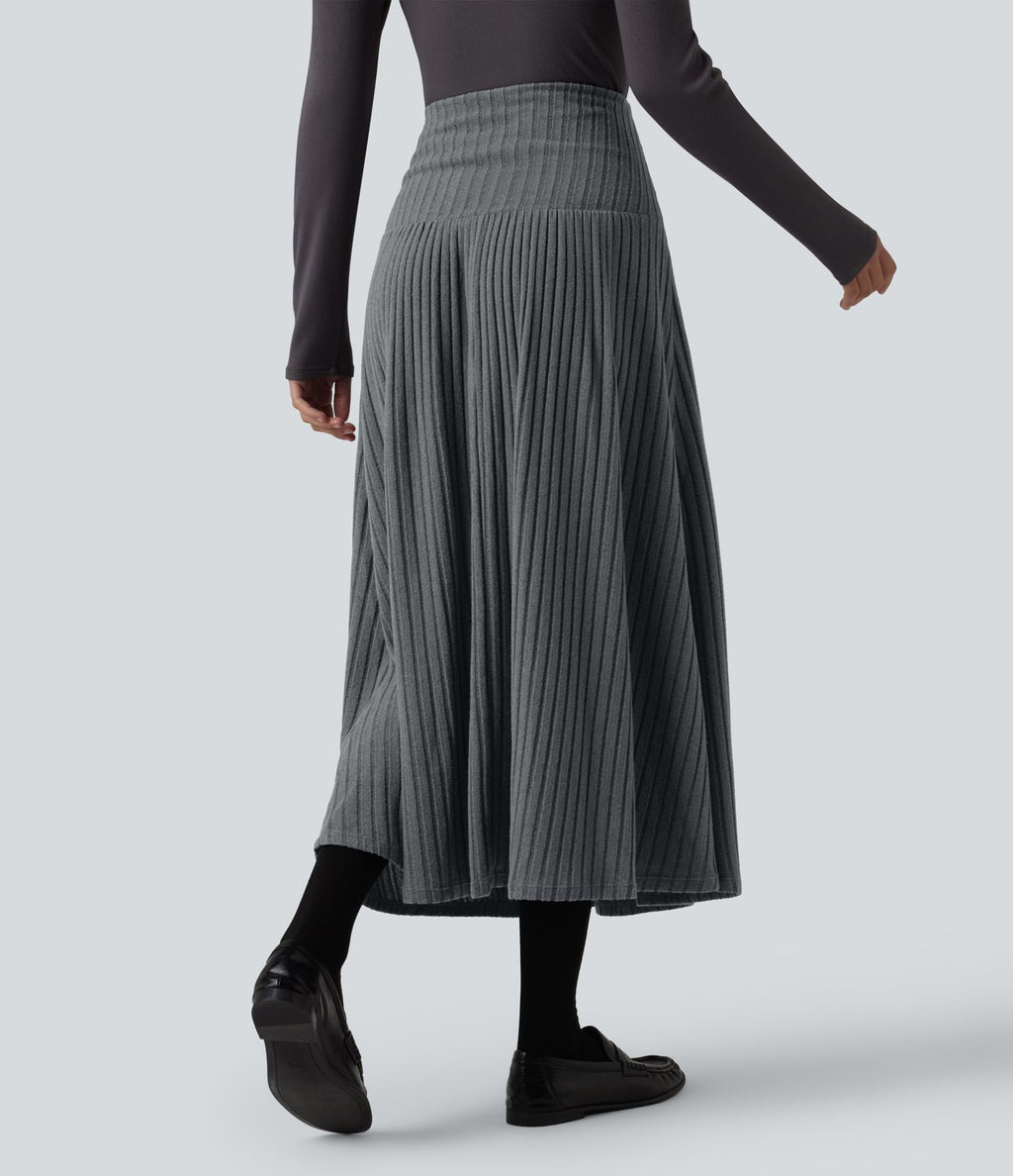 Jupe tailleur midi trapèze taille haute en maille côtelée