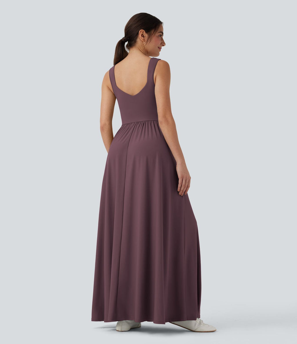 Robe maxi fluide dos nu, avec brassière intégrée et poches