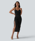 Robe midi moulante à col en V rembourrage non amovible et fronces à cordon
