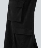 Pantalon cargo décontracté grande taille, ample, côtelé, taille mi-haute, à cordon, avec poches
