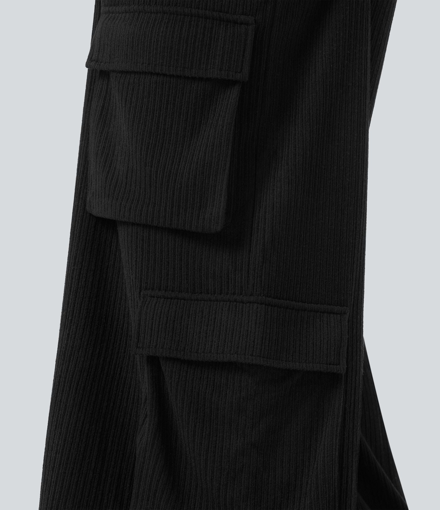 Pantalon cargo décontracté grande taille, ample, côtelé, taille mi-haute, à cordon, avec poches