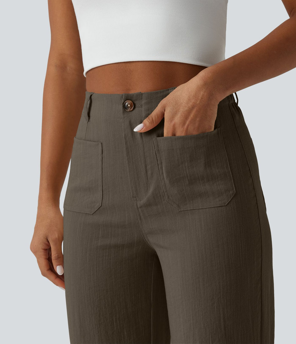 Pantalon taille haute coupe droite effet lin avec poches