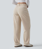 Pantalon décontracté mi-taille effet lin avec poches