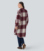 Veste décontractée longue à motif écossais avec ourlet arrondi et poches
