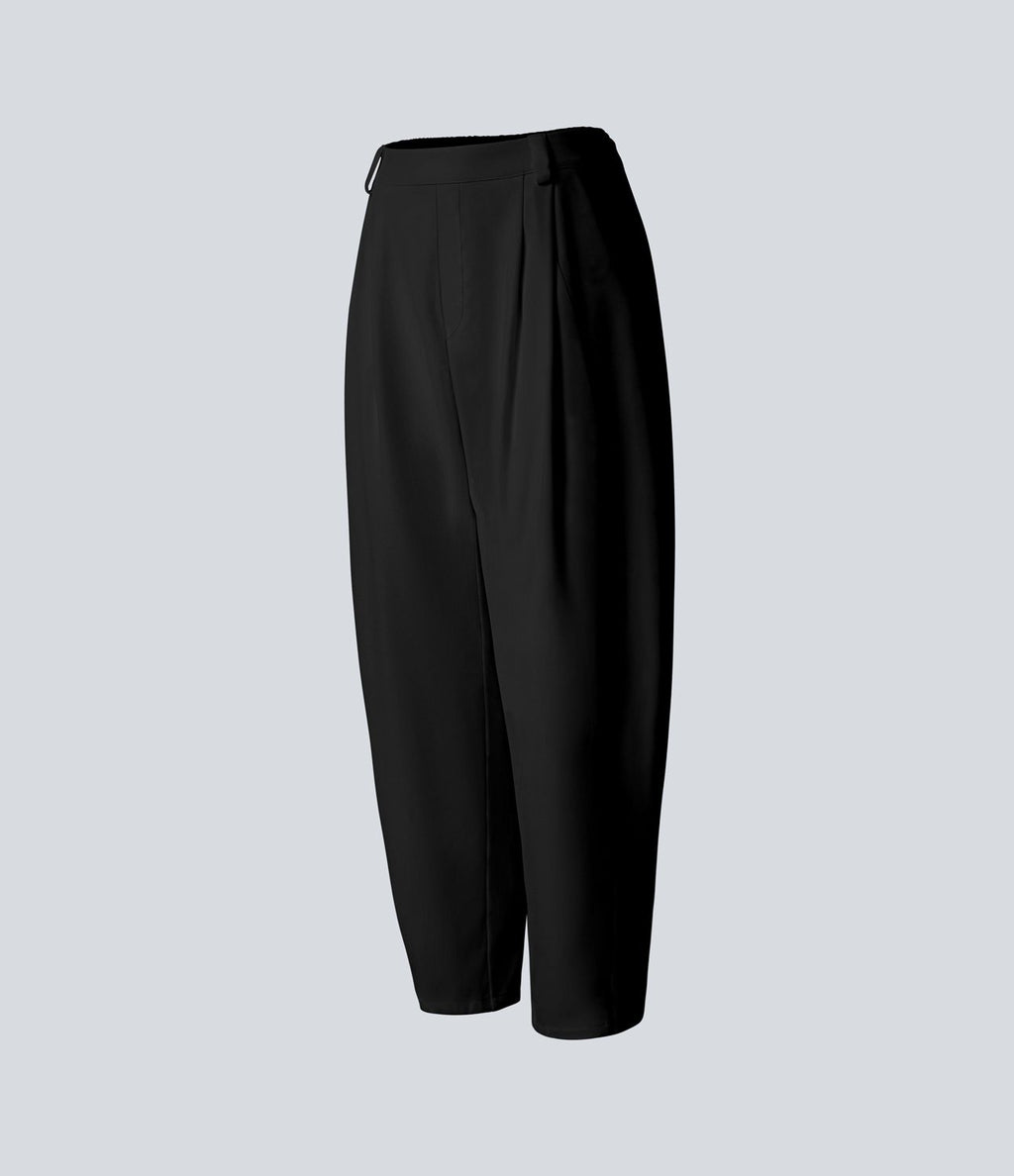 Pantalon tailleur ample, taille moyenne, coupe barrel, à poches