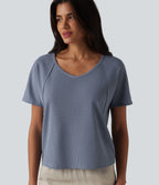 T-shirt casual en tissu gaufré à encolure cœur et manches courtes