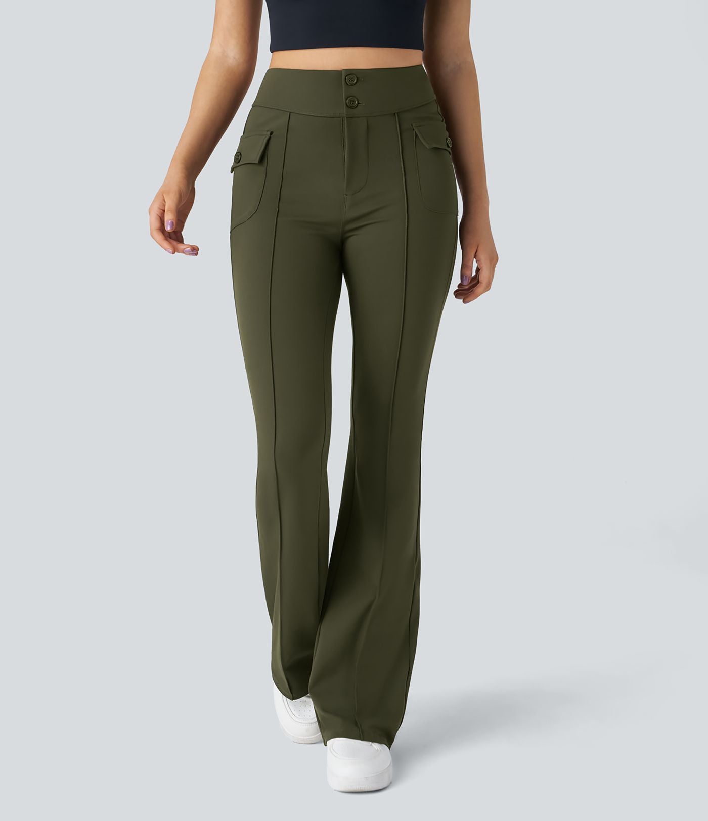 Pantalon cargo décontracté évasé taille haute avec poches à rabat latérales