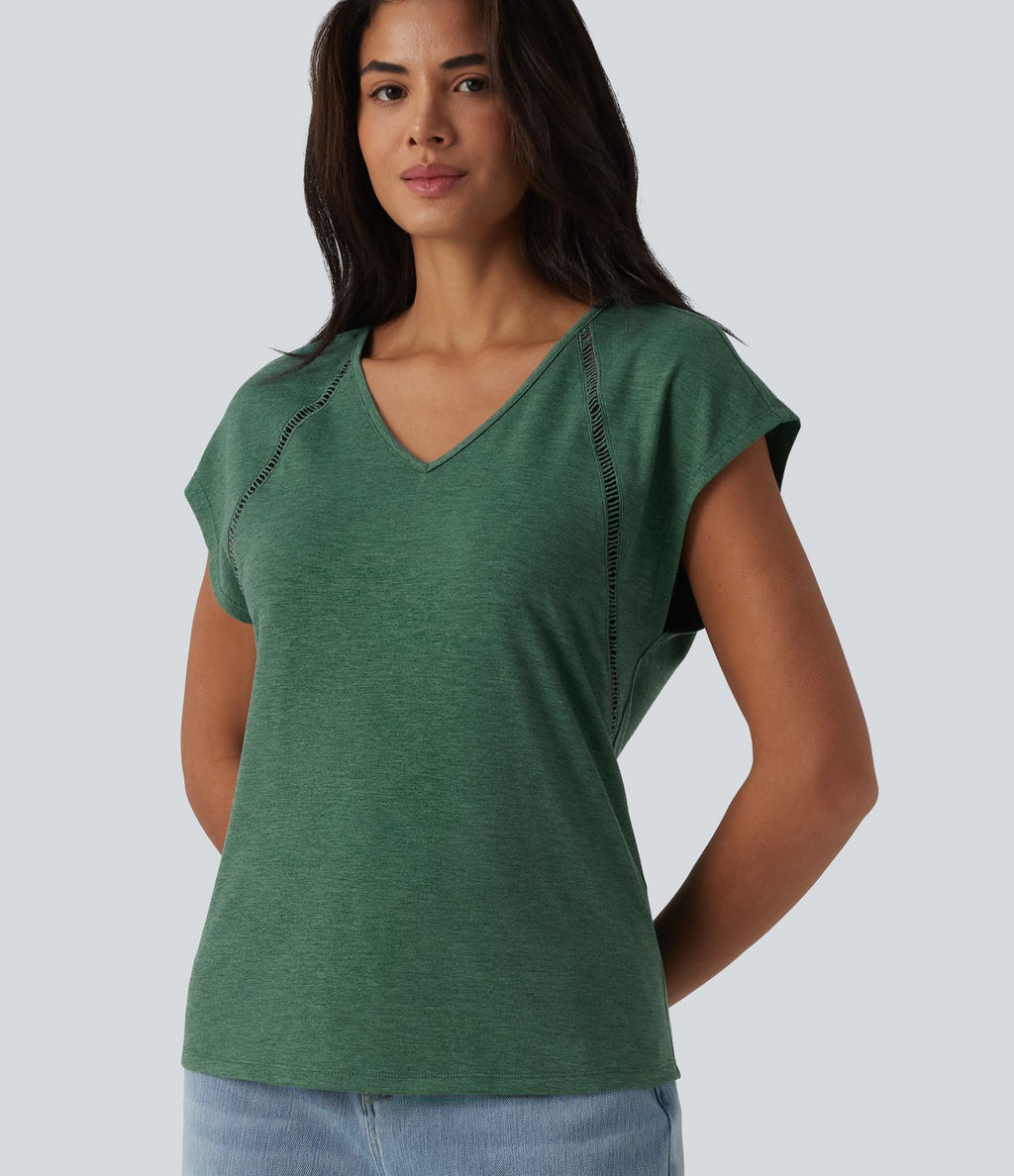 T-shirt casual chiné col V à manches courtes chauve-souris