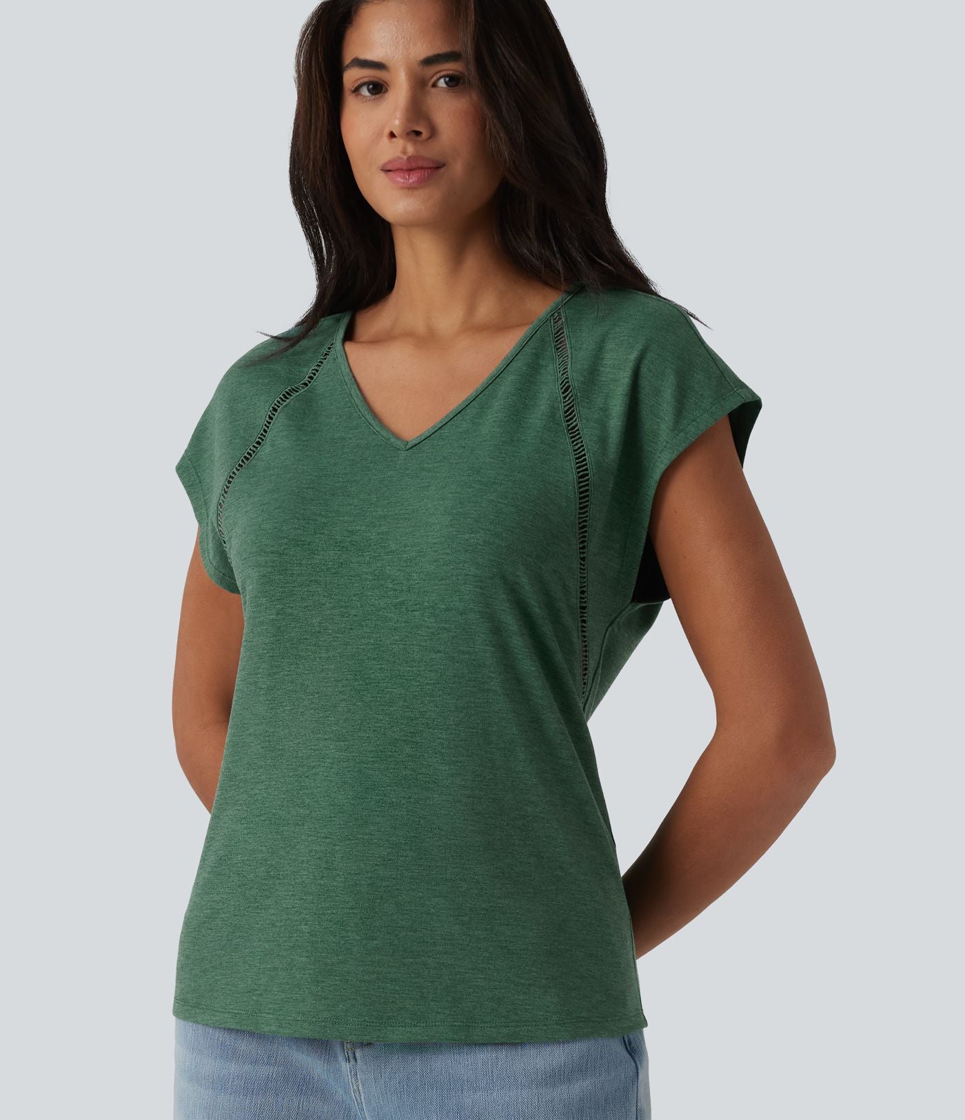 T-shirt casual chiné col V à manches courtes chauve-souris