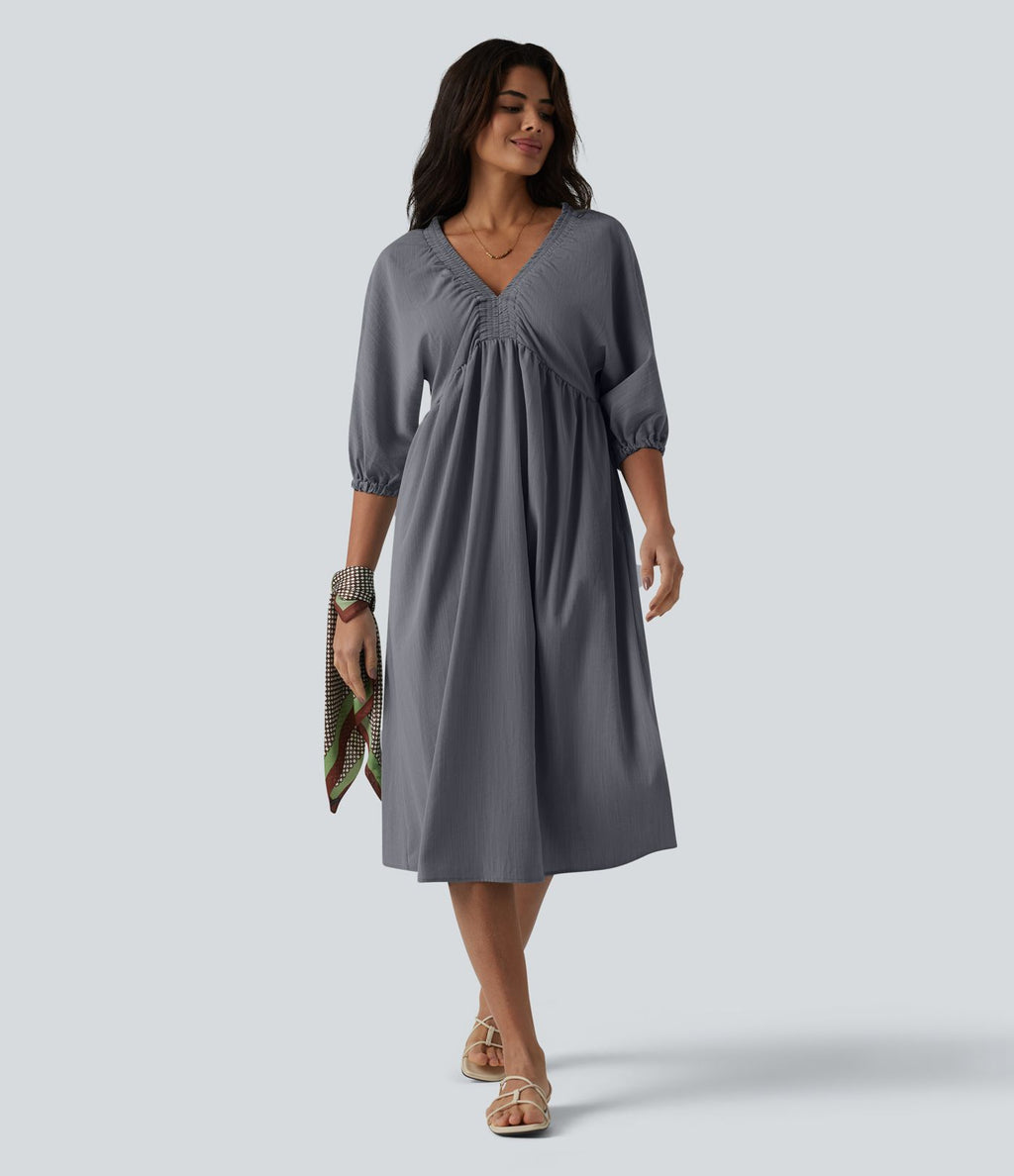 Robe midi casual col V à manches trois-quarts aspect lin, avec poches