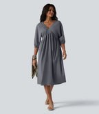 Robe midi casual col V à manches trois-quarts aspect lin, avec poches