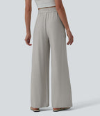 Pantalon casual large mélange lin taille haute avec cordon de serrage et poches