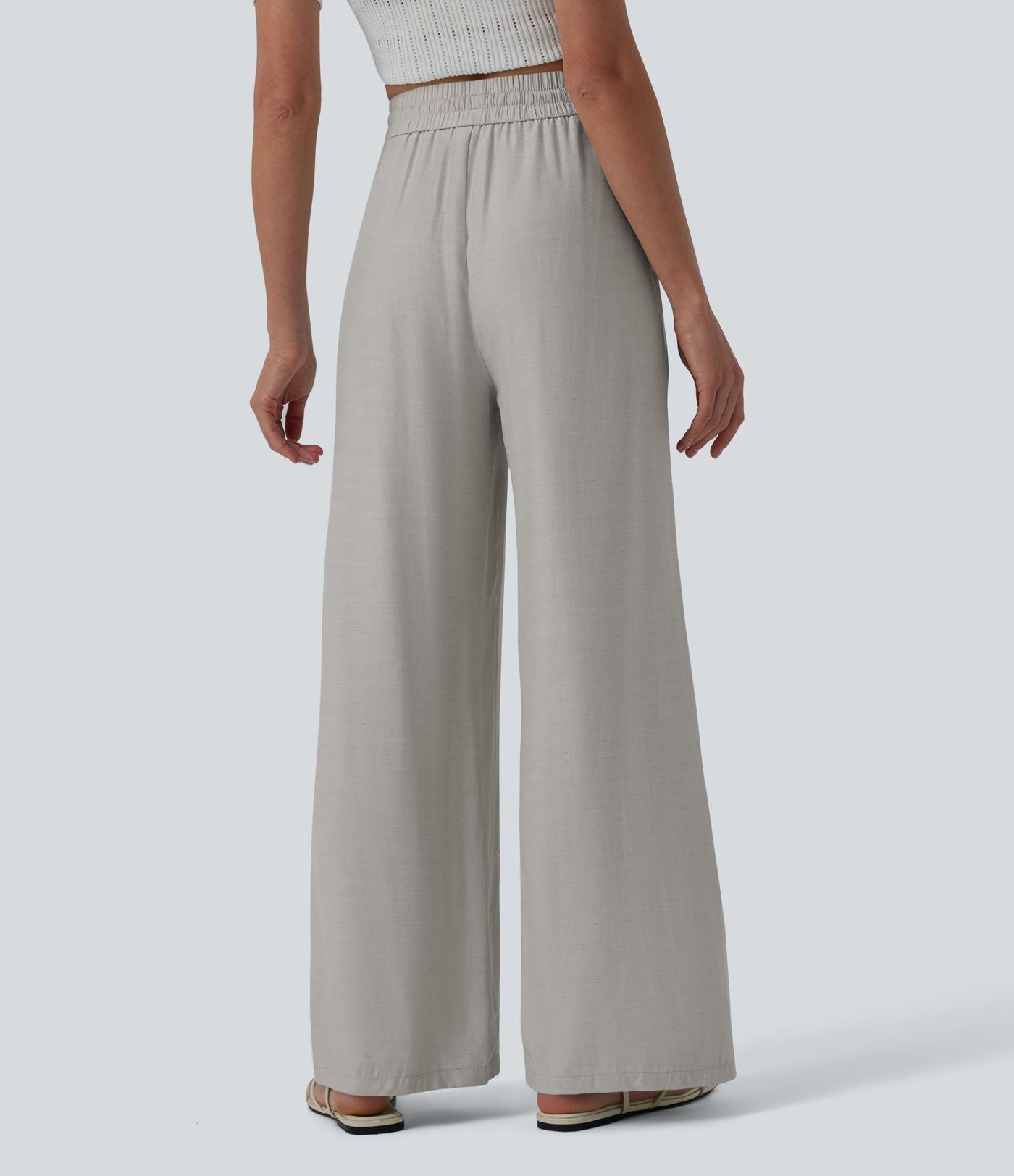 Pantalon casual large mélange lin taille haute avec cordon de serrage et poches