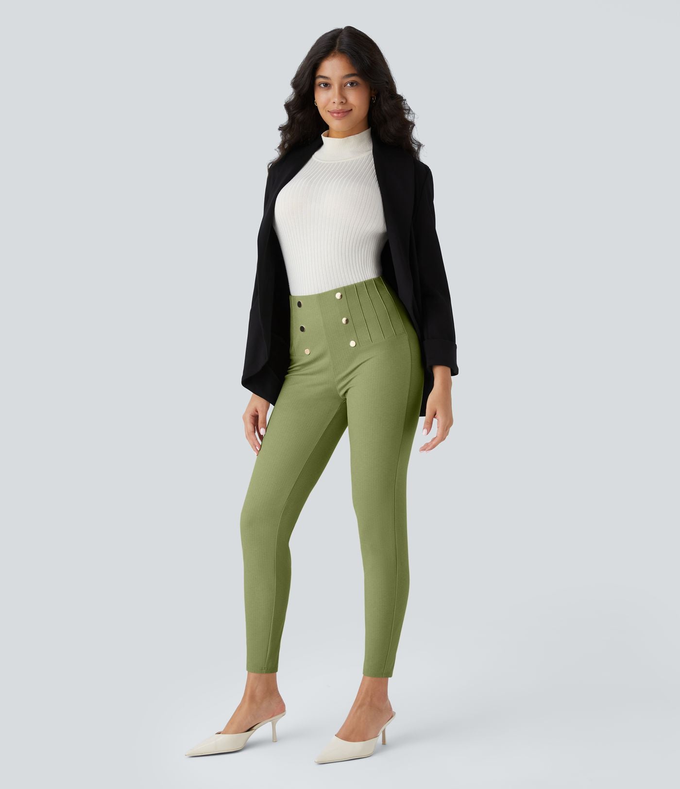 Pantalon tailleur skinny gainant taille haute à chevrons avec poches arrière zippées décoratives