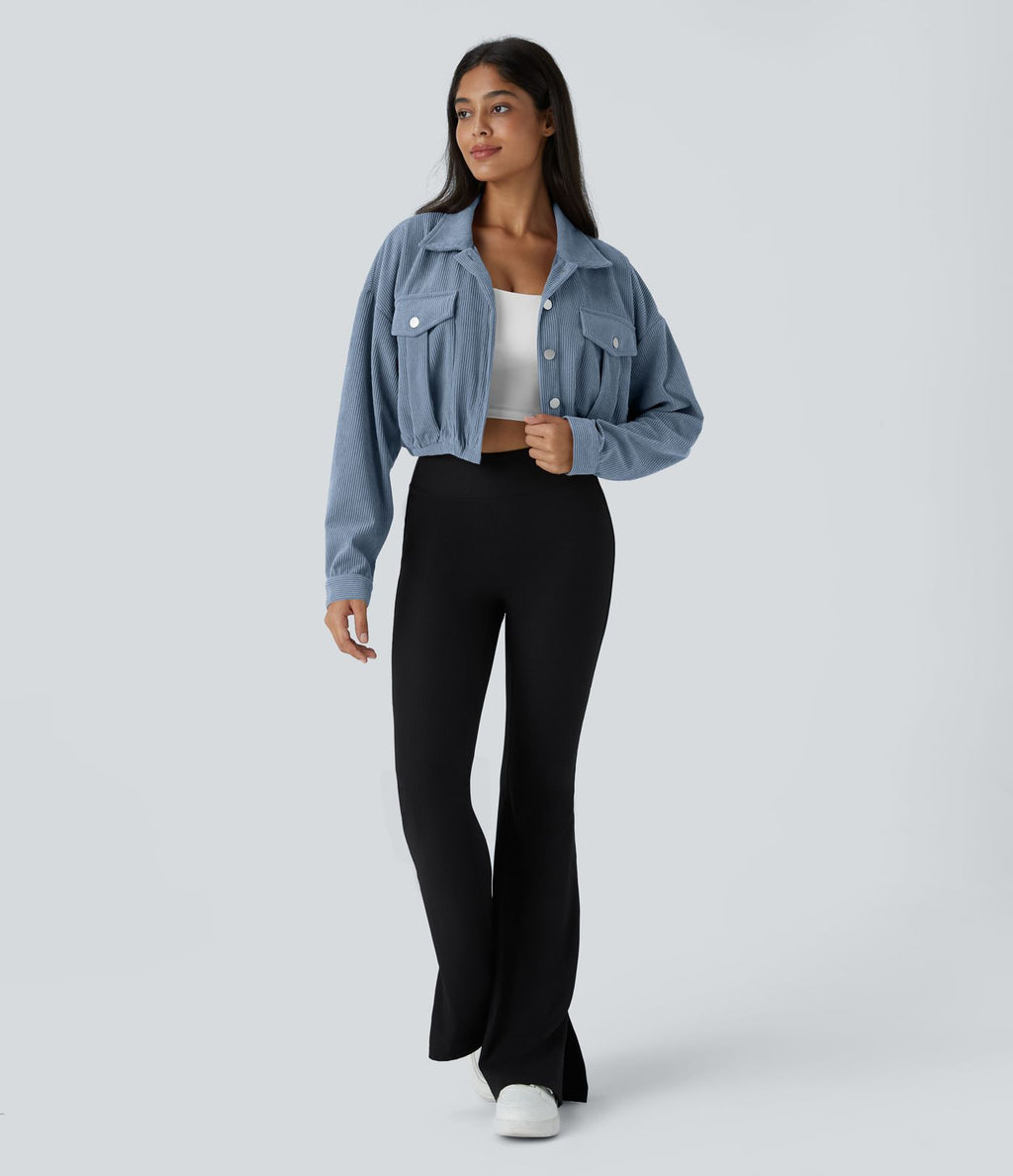 Veste Casual en Velours Côtelé à Boutons Poches Col Court