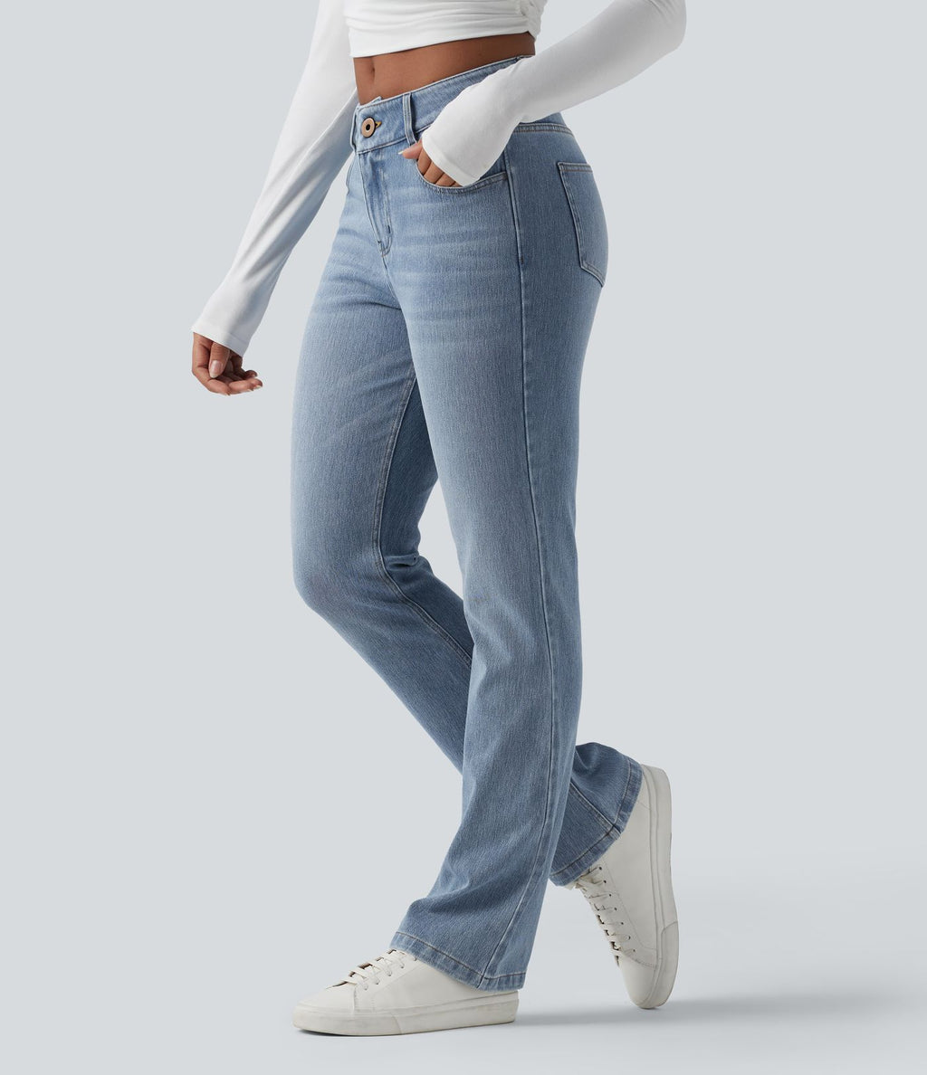 Jean bootcut délavé Halara Flex™ taille basse avec bouton, fermeture éclair et poches multiples