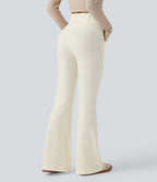 Pantalon Taille Haute Casual Évasés en Tricot Côtelé avec Poches Latérales et Croisé