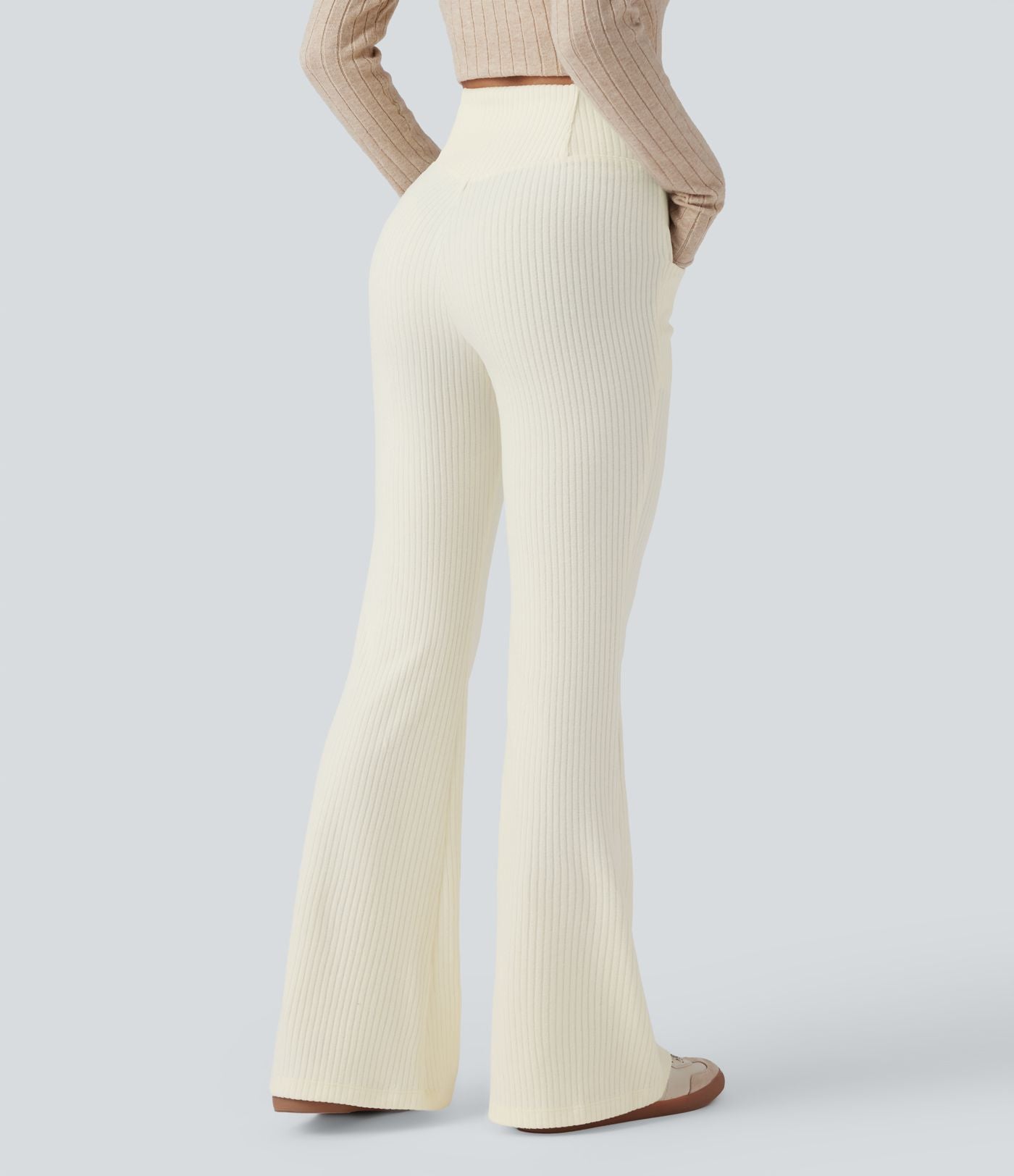 Pantalon Taille Haute Casual Évasés en Tricot Côtelé avec Poches Latérales et Croisé