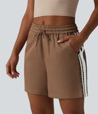 Short ample décontracté à taille mi-haute, cordon de serrage, rayures color block, imprimé léopard contrastant, 12,5 cm, avec poches
