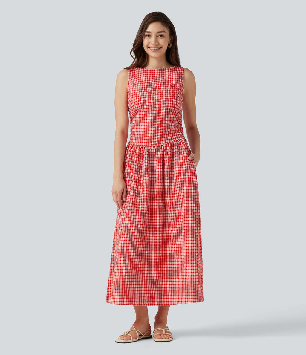 Robe midi décontractée à carreaux vichy, col bateau, sans manches, avec poches