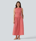Robe midi décontractée à carreaux vichy, col bateau, sans manches, avec poches