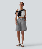 Short ample taille haute à carreaux vichy avec cordon de serrage et poches
