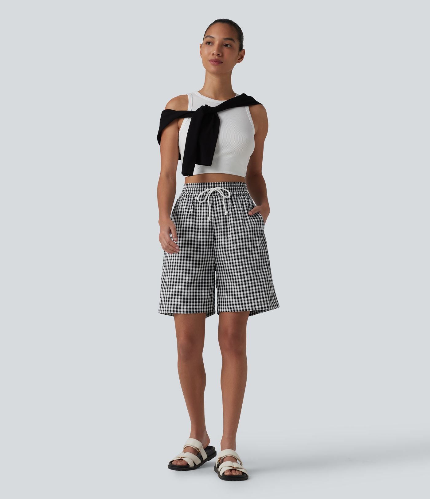 Short ample taille haute à carreaux vichy avec cordon de serrage et poches
