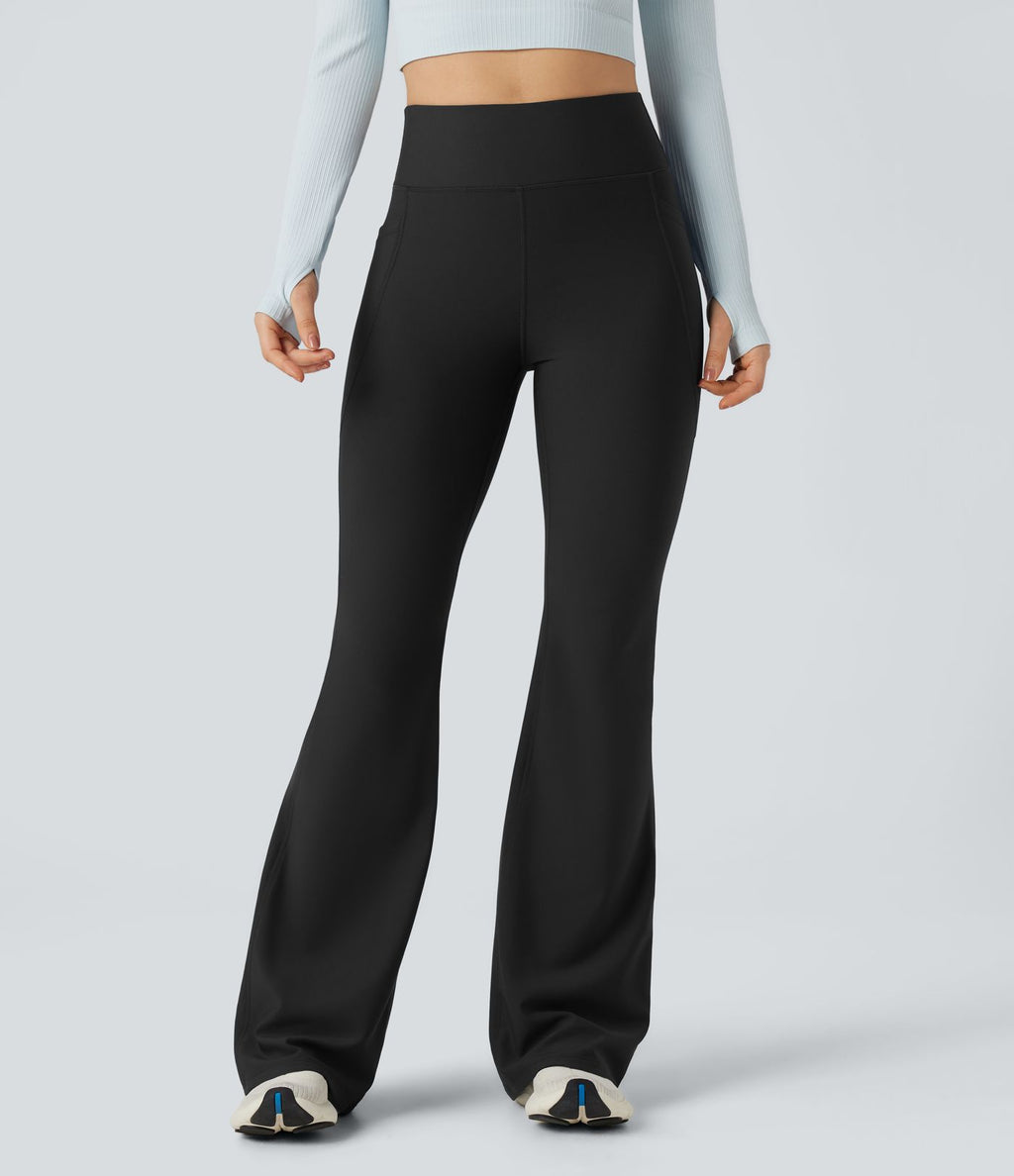 Pantalon de yoga évasé thermique en polaire froncée, taille haute, avec poches
