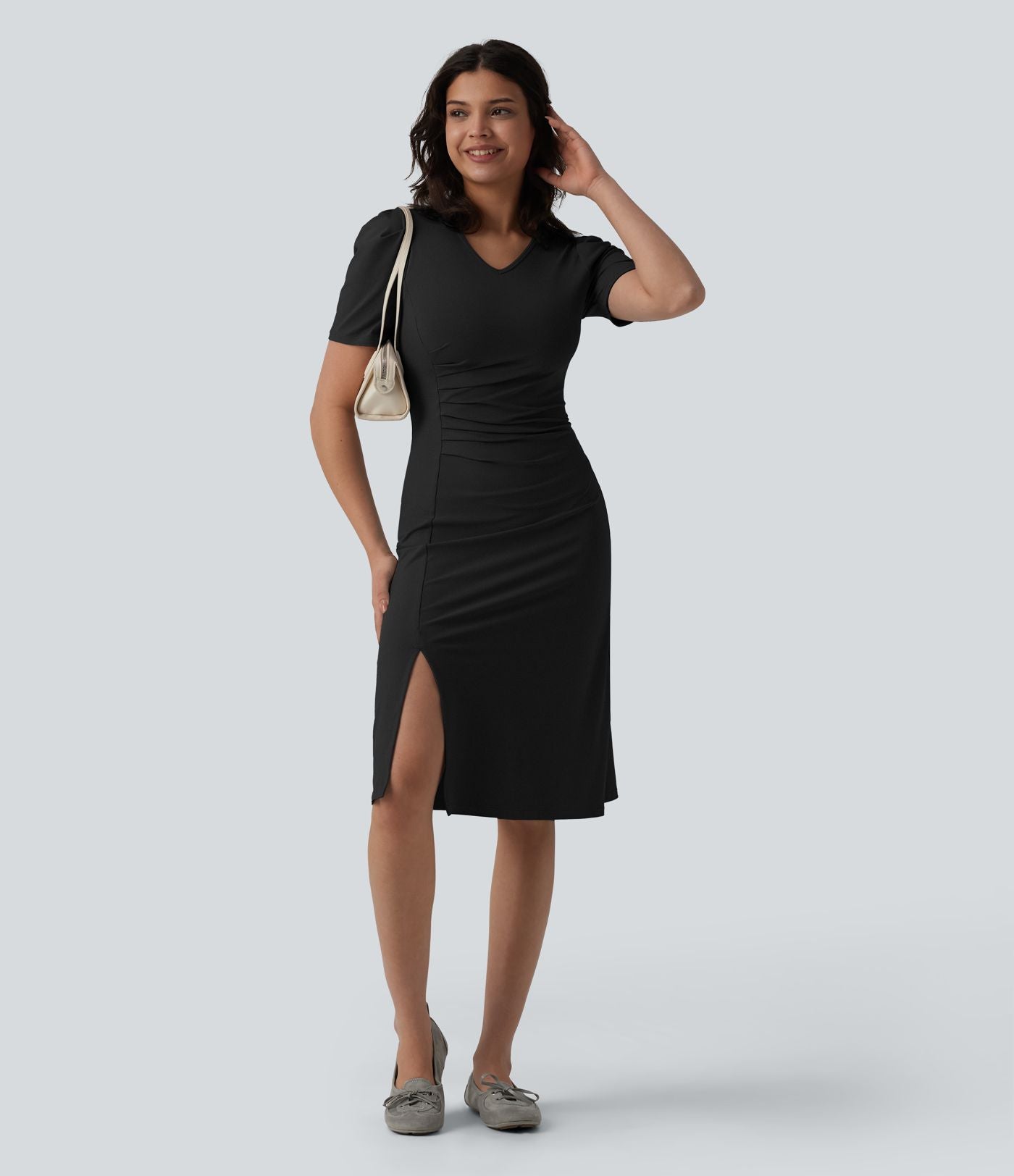 Robe midi casual col V manches courtes