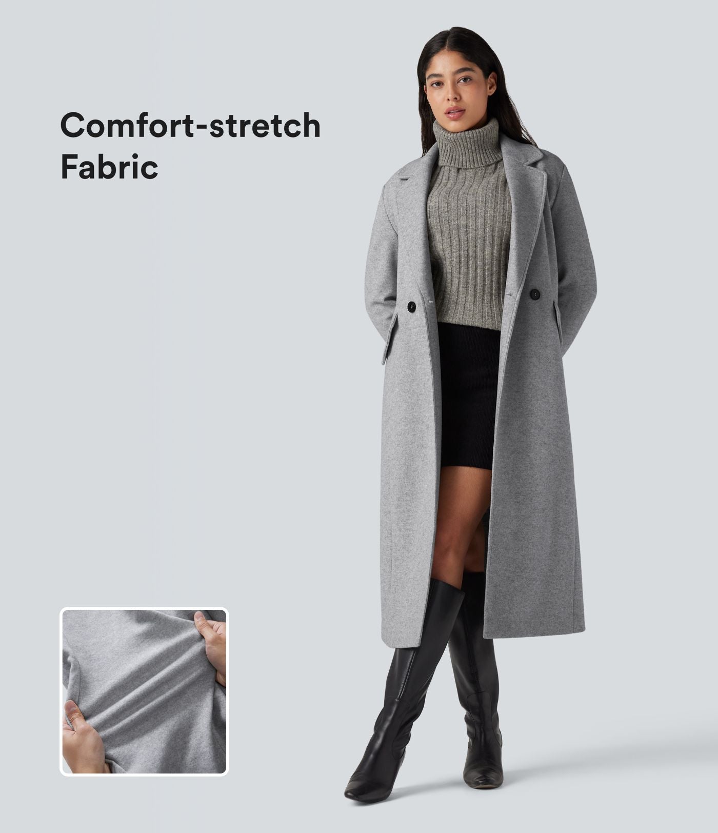 Manteau long polaire col cranté manches longues avec poches