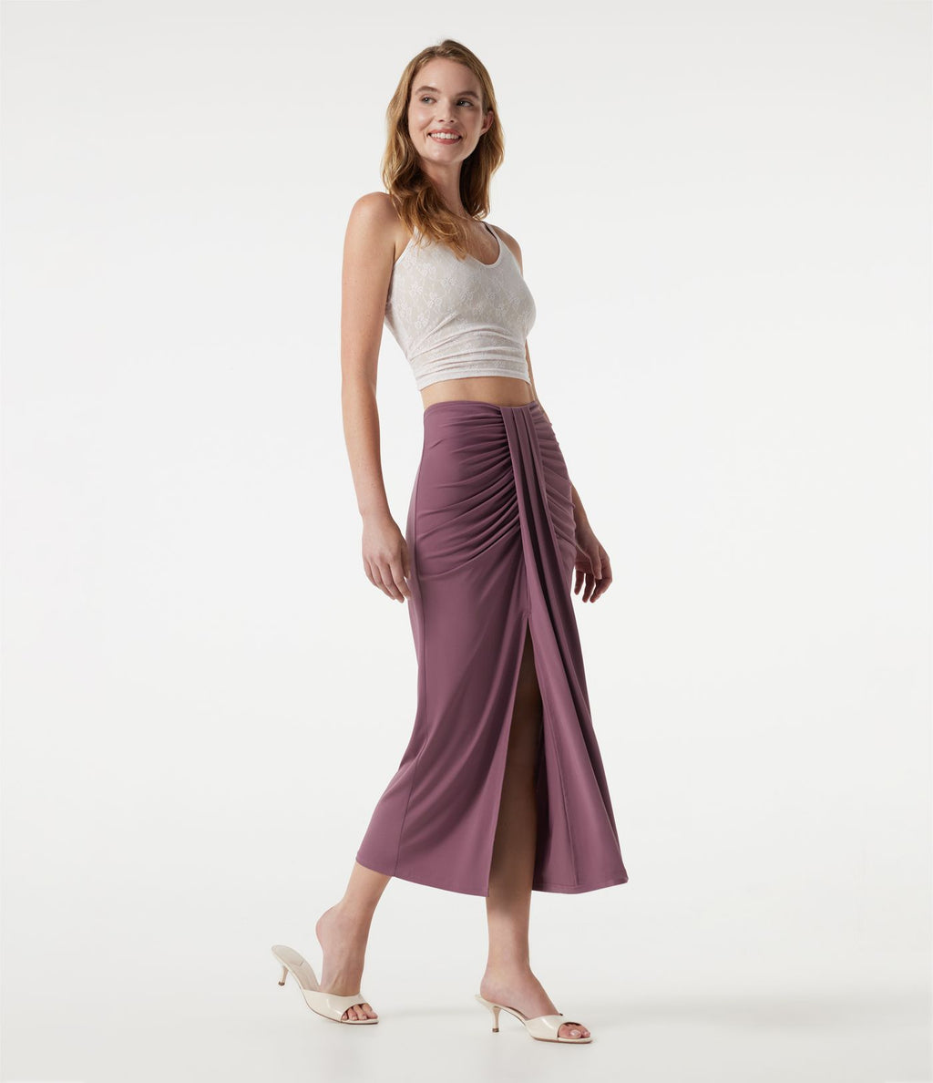 Jupe midi moulante taille haute froncée