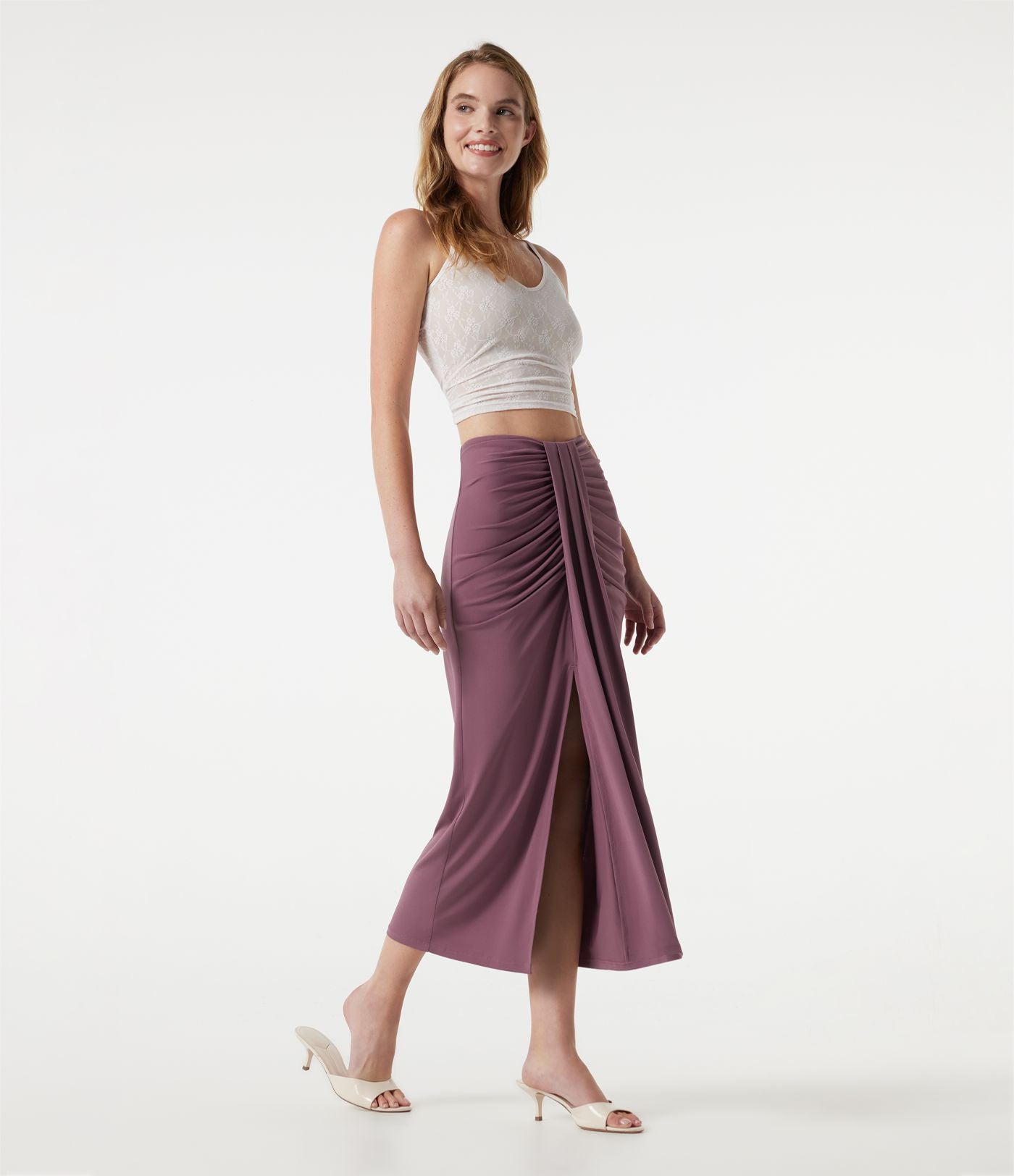 Jupe midi moulante taille haute froncée