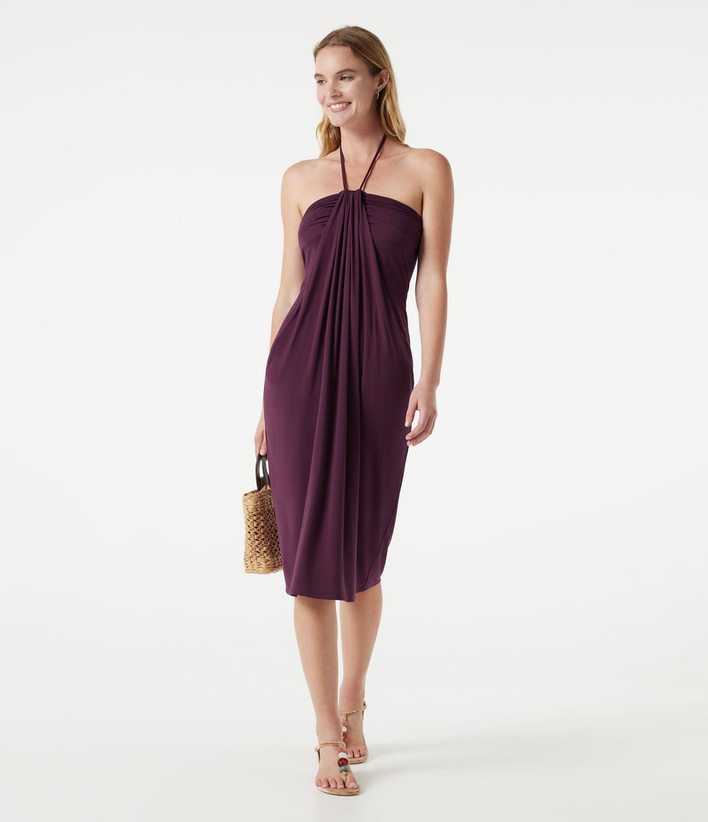 Robe midi dos nu à col halter avec lien noué au dos et poches