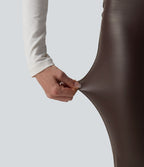 Pantalon évasé décontracté gainant taille haute extensible en molleton PU avec poches