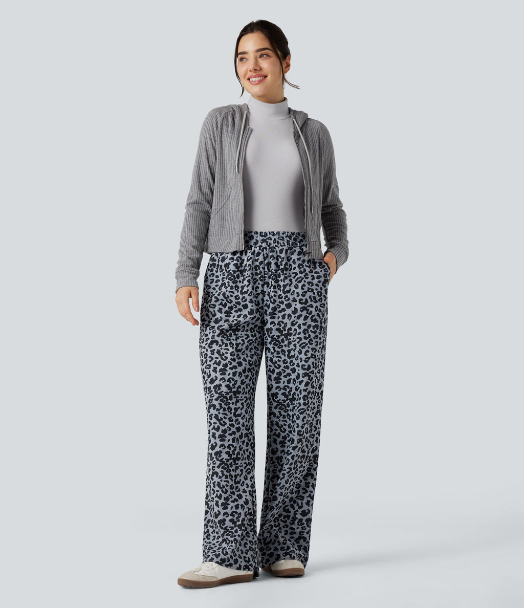 Pantalon léopard ample décontracté velours côtelé imprimé taille haute avec poches